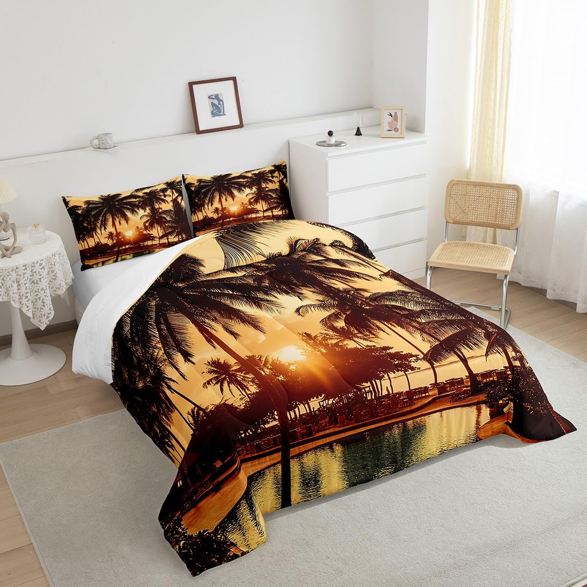jejeloiu Palm Tree Bedding Set Full Size Kids Palm Leaf Comforter for Boys Girls Hawaiian Tropical Island Comforter Set Summer Duvet Set Room Decorations Quilt Set