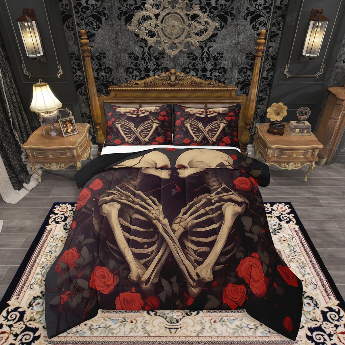 Erosebridal Sugar Skull Down Comforter Queen Size, Gothic Skeleton Bones Comforter Set, Halloween Horror Bedding Set, Rose Flower Quilt for Teens Youth Adult Women Men Room