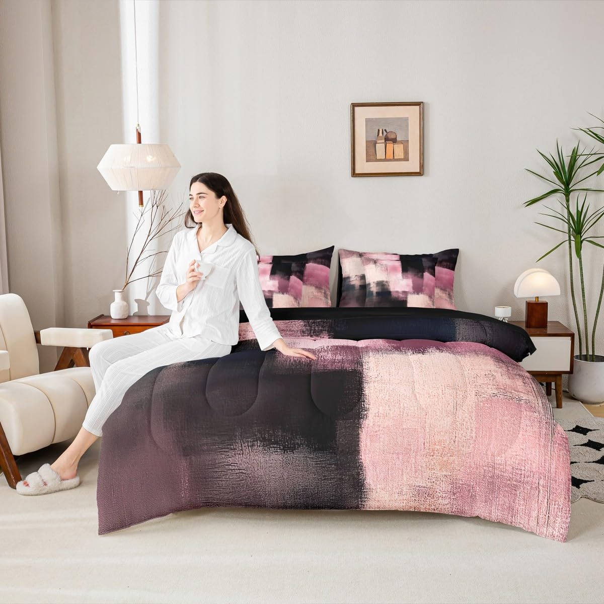 Feelyou Abstract Comforter Set with Sheets 7 Piece King Size Modern Abstract Art Bedding Set for Kids Boys Girls Luxury Bed in a Bag Geometric Room Decor Pink Soft Lightweight Microfiber