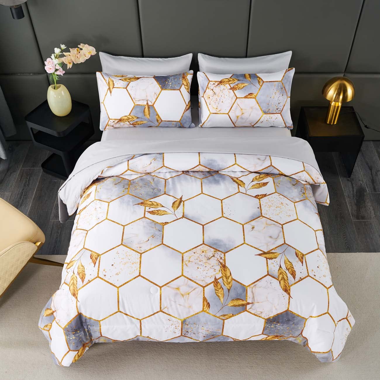 ANGIYUIN 7 Pieces White Gold Comforter Set Full Geometric Foil Print Bed Set Marble Hexagon Bedding Sets Ultra Soft Honeycomb Bed in A Bag for All Season (White Full)