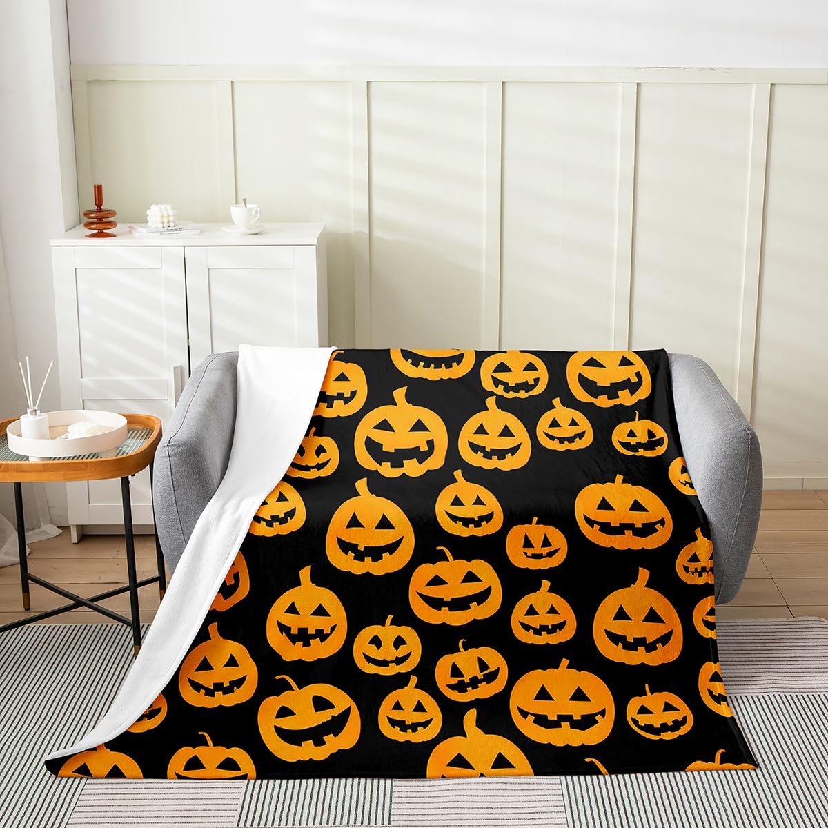 Feelyou Spooky Pumpkin Flannel Fleece Throw Blanket Halloween Themed 40"x50" Trick or Treat Fleece Throw Blanket for Kids Women Men Graveyard for Bed Couch Chair Living Room Bedroom Decor