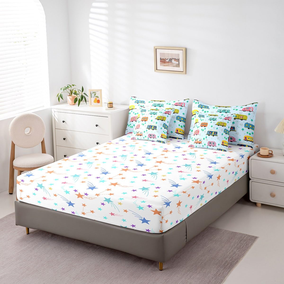 Erosebridal Travel RV Comforter Set Twin Size,Happy Camping Bedding Set for Kids Teens,Cartoon Trees (Comforter+Fitted+Flat Sheet+2 Pillowcases+2 Throw Pillow Covers) 7 Pieces Bed Set