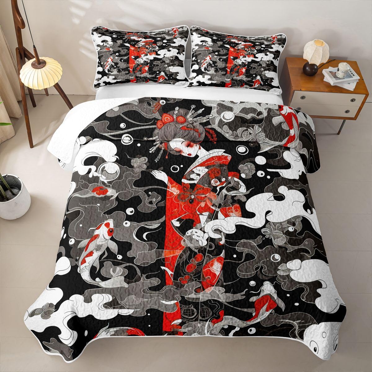Erosebridal Japanese Geisha Quilts Twin Size - Japanese Smoky Clouds Bedspread Coverlet Set, Koi Fish Quilt Coverlets 2Pcs (Only 1 Pillowcase)