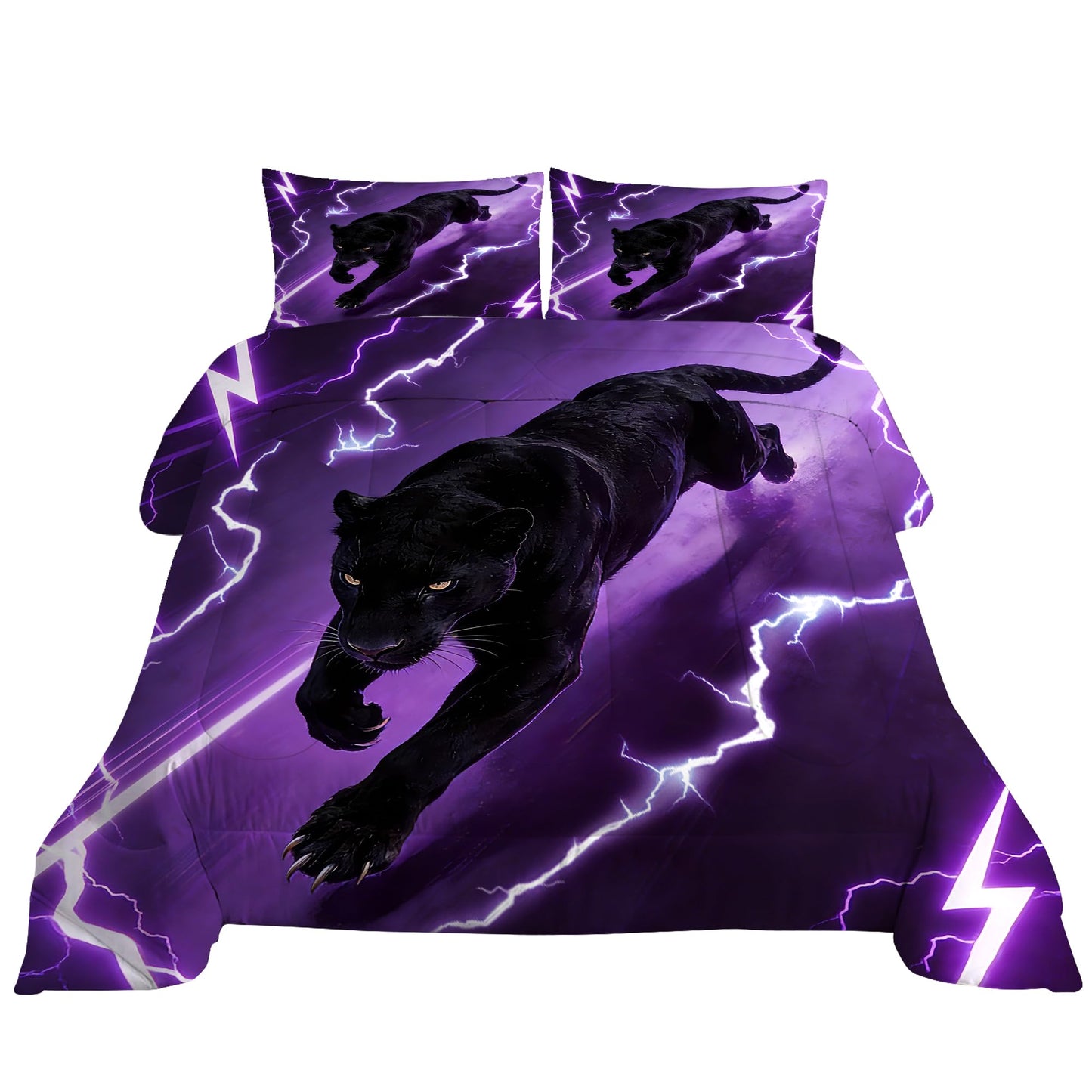 VTKON Purple Panther Comforter Set Full Size Lightning Black Leopard Bedding Set for Boys Teens Thunderbolt Cheetah Duvet Animal 3 Piece with 1 Comforter 2 Pillow Cases