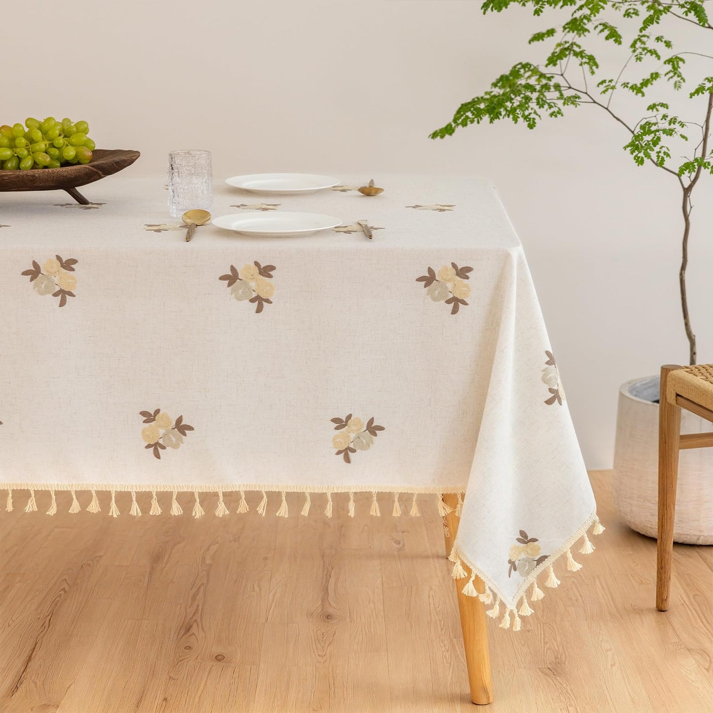 Cream Linen Tablecloth Rectangle 60 x 84 Inch Brown Floral Pattern Embroidered Table Cloth with Tassel Heavy Duty Neutral Vintage Farmhouse Thick Faux Burlap Table Cover for Dining Party Holiday