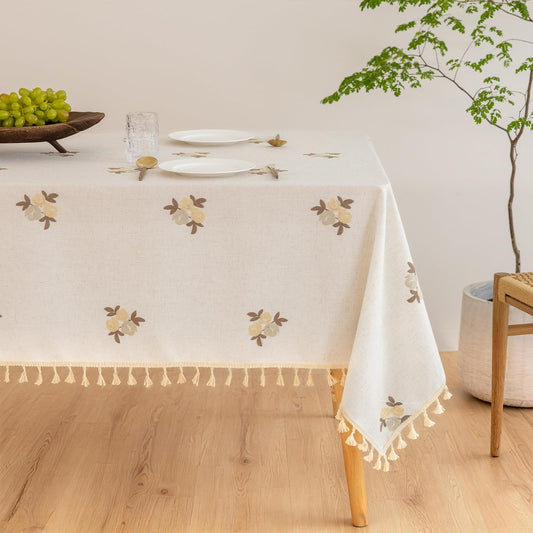 Cream Linen Tablecloth Rectangle 60 x 84 Inch Brown Floral Pattern Embroidered Table Cloth with Tassel Heavy Duty Neutral Vintage Farmhouse Thick Faux Burlap Table Cover for Dining Party Holiday