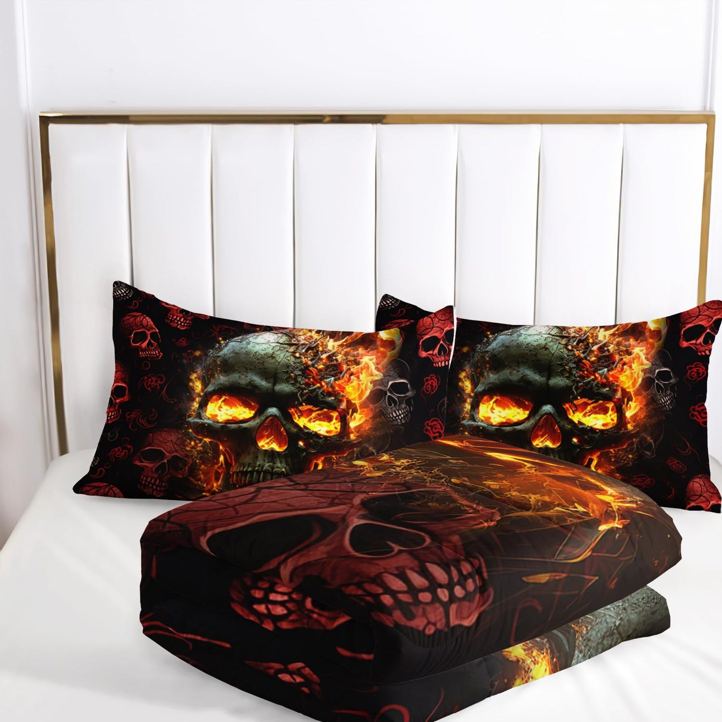 AILONEN Fire Skull Bedding Set Full Size, 3D Skeleton Comforter Set Bedroom Decor Men,Fiery Style Black Tint Soft Breathable Bed in a Bag,3 Pieces,1 Quilt and 2 Pillowcases