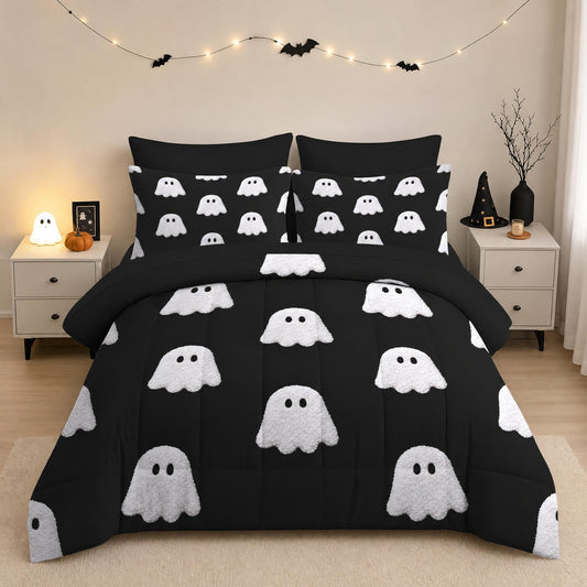 Boewywh Comforter Set Twin Size Ghost Halloween Spooky 7 Pcs, Bedding for Kids and Adults, Minimalist Black Bed Sheet Sets with Fitted Sheet 2 Pillowcases & 2 Shams for Bedroom Bed Decor