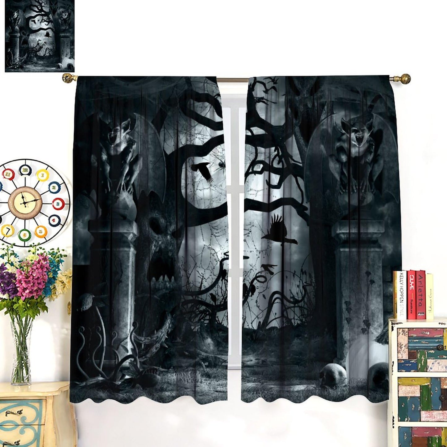 Gothic Curtains,Terror Themed Demon Skeleton Crow Dark Forest Window Treatments for Bedroom Living Room Kitchen Horror Halloween Window Drapes 2 Panel Set,Total Size 42 x 45 Inch