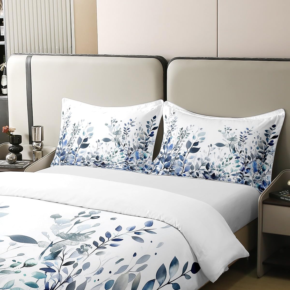 100% Cotton Blue And Grey Comforter Cover, Floral Duvet Cover Twin Size, Teal Plant Bedding Set, Botanical Nature Leaf Quilt Cover, Branch Flowers Bed Cover for Kids Girls Women Bedroom Decorative