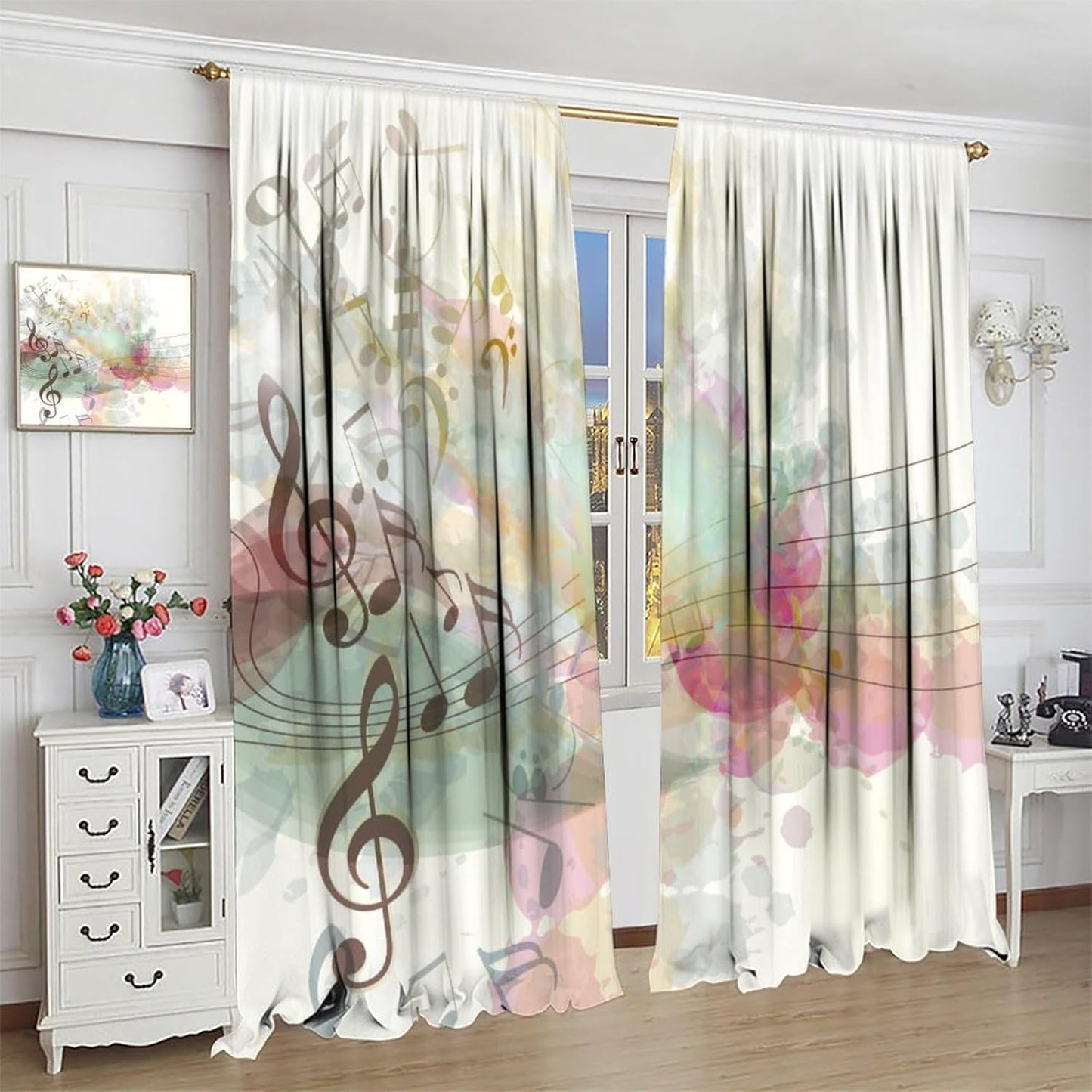 HZOHNAGO Music Curtains Colorful Shadow Music Notes Pattern Blackout Print Rod Pocket Window Drapes for Bedroom Living Room 42x45in