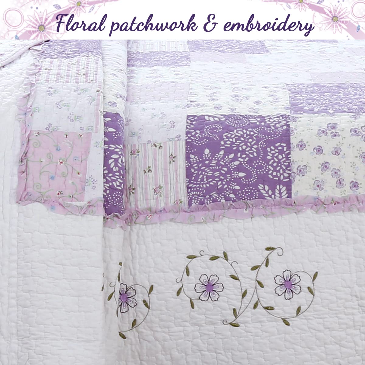 Cozy Line Home Fashions 100% Cotton Hand Piecing Real Patchwork Love of Lilac Bedding Quilt Set, Purple Orchid Lavender Chic Lace Floral Reversible Coverlet, Bedspread (Lilac, King - 3 Piece)