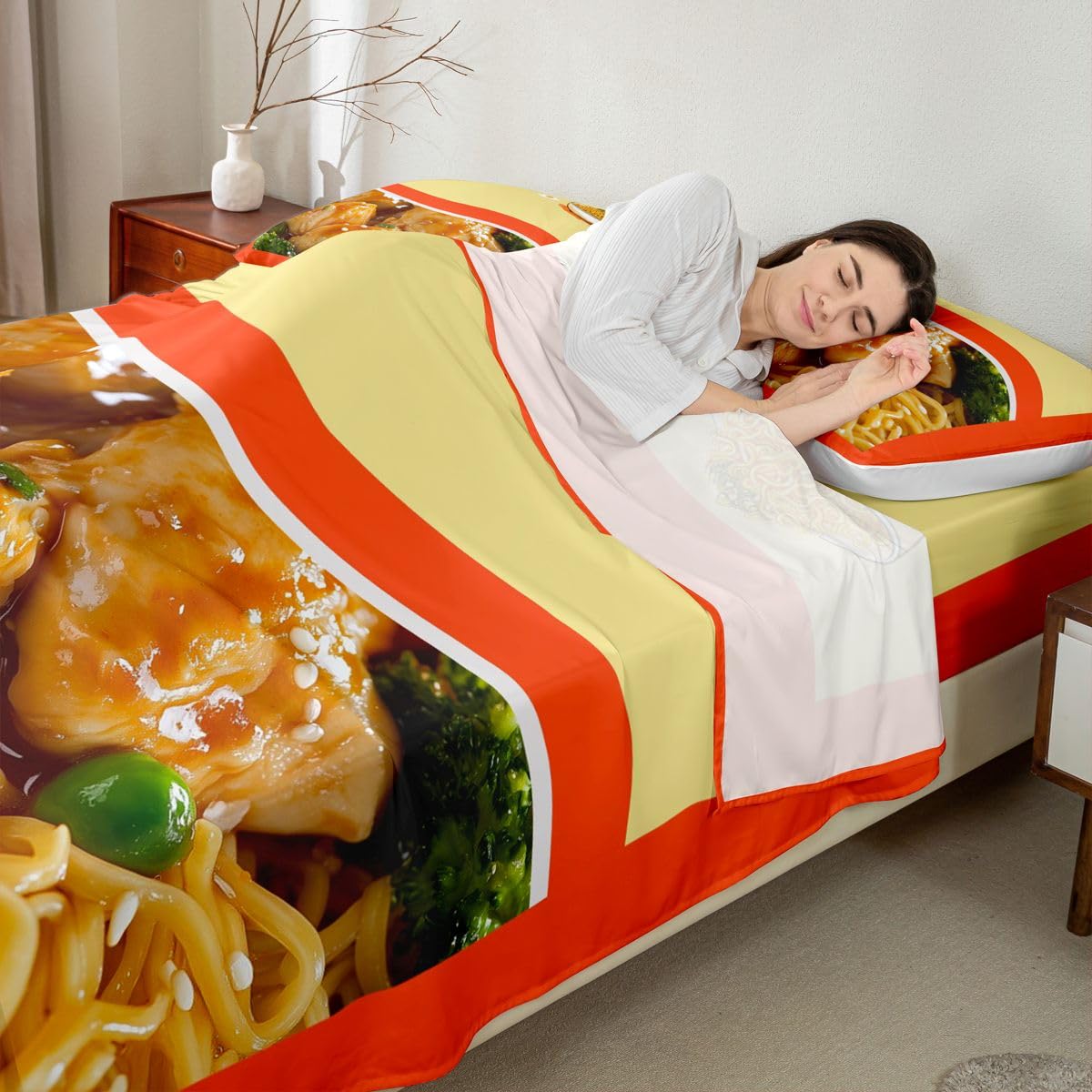 Feelyou Japanese Ramen Bed Sheets Set Twin Size Pulled Noodles Sheet Set for Kids Boys Girls Decor Pork Noodles Sheets with Deep Pocket Fitted Sheet Microfiber Cute Bedroom