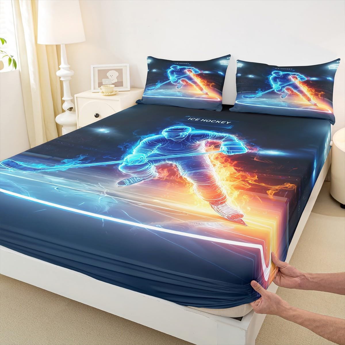 Ice Hockey Fitted Sheet Queen,Ice Fire Athlete Bedding Set 3pcs for Kids Teens Boys Girls Room Decor,Game Sport Bed Cover Modern Bed Sheet Set with 2 Pillowcases