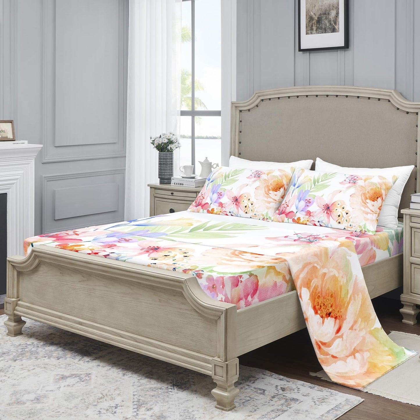 YIYEA Queen Sheet Set, Luxury 1800TC Hotel Quality Double Brushed Microfiber Floral Bed Sheets for Queen Size Bed, Extra Soft, Deep Pocket, Shrinkage and Fade Resistant, 4PC (Queen)