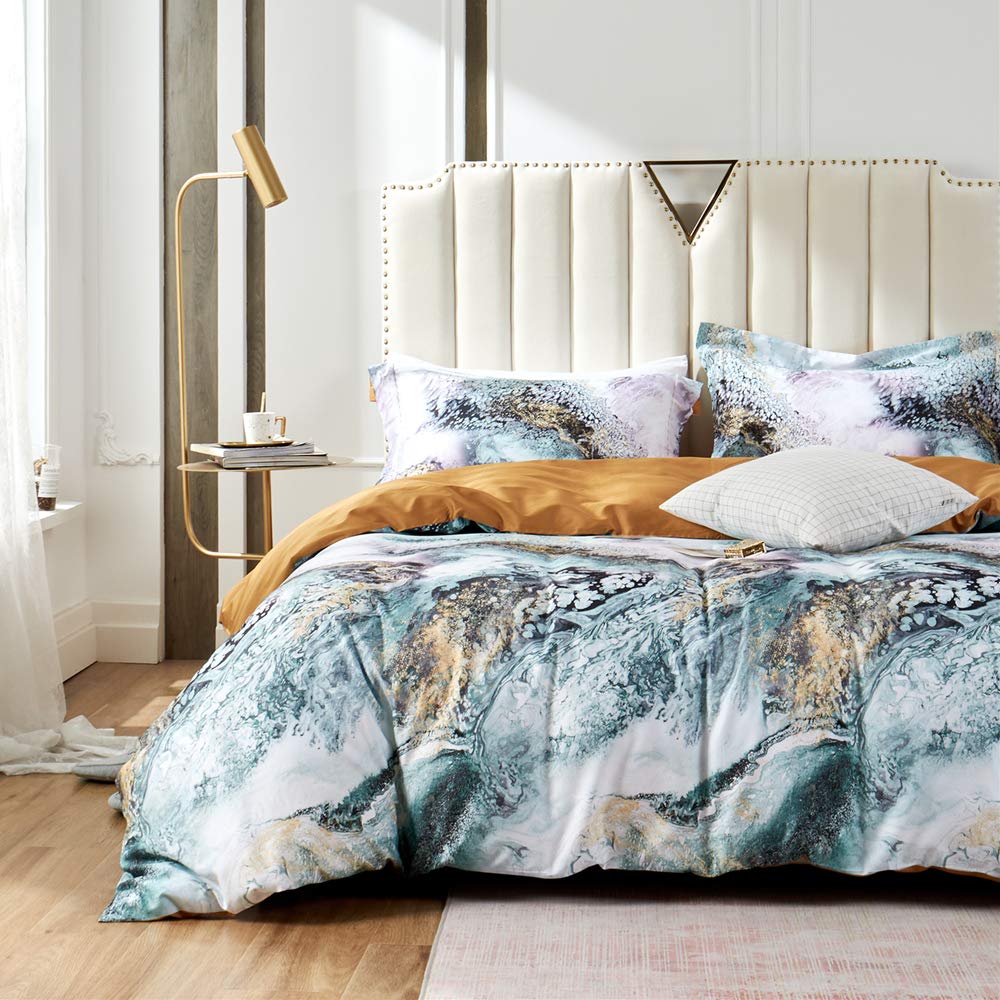 MILDLY 100% Long Staple Cotton Duvet Cover Set Green Golden Grey Mixed Marbling Pattern Printed Comforter Cover Set