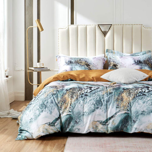 MILDLY 100% Long Staple Cotton Duvet Cover Set Green Golden Grey Mixed Marbling Pattern Printed Comforter Cover Set