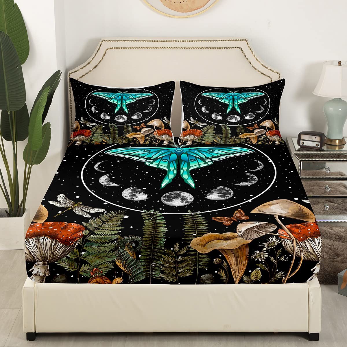 Erosebridal Blue Butterfly Sheet Set Queen,Dragonfly Moth Mushroom Bed Sheets Moon Phase Flat Sheet Starry Sky Fitted Sheet,Hippie Wild Fungus Sheets Boho Bohemian Style Home Room Decor Luxury,Black