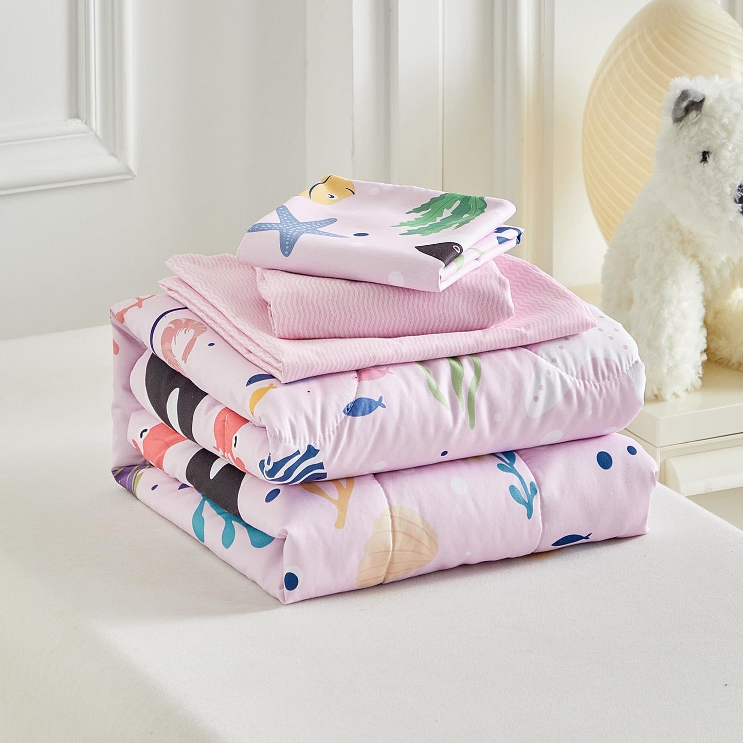 Joyreap 4 Piece Toddler Bedding Set for Girls- Ocean Theme Pink Design, Microfiber Toddler Bedding Comforter Set for All Seasons
