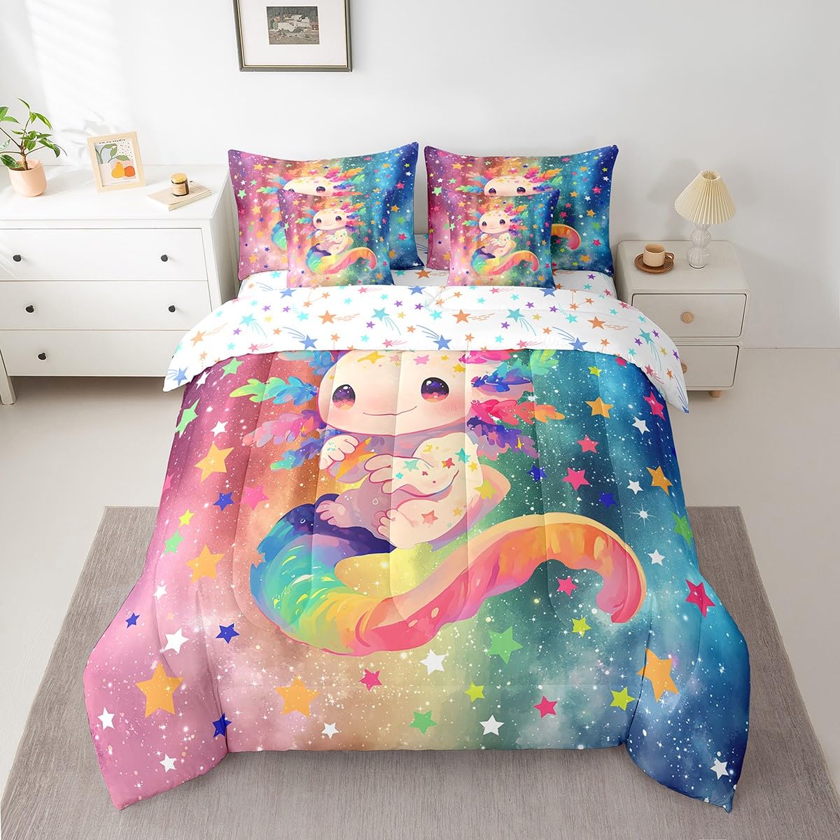 Feelyou Kids Cute Axolotl 7 Pieces Bedding Set Twin Size, Cartoon Animal Bed in A Bag Boys Girls Kawaii Ocean Sealife Comforter Set with Sheets Rainbow Teens Bed Set Bedroom Decor 7Pcs