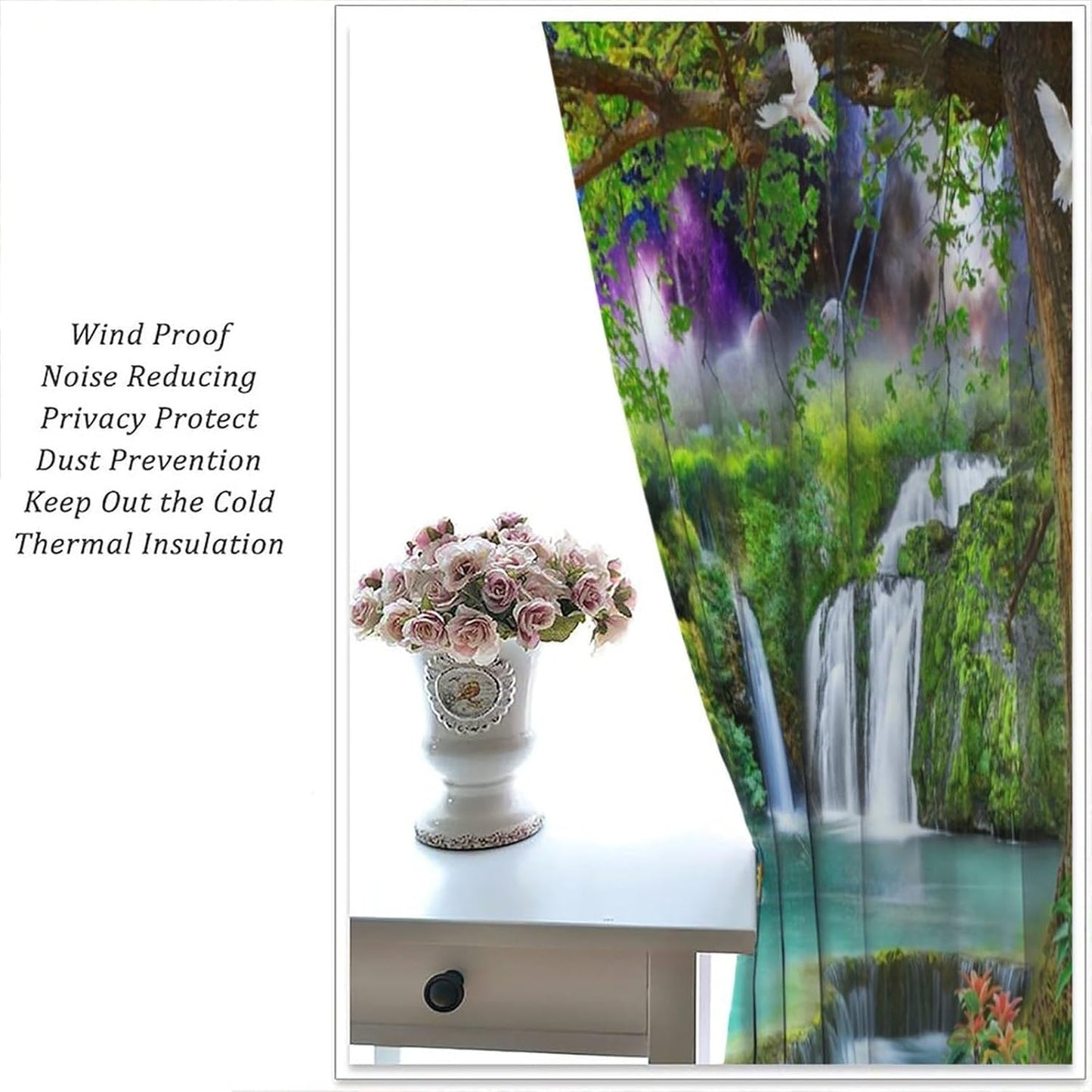 HZOHNAGO Waterfall Curtain Forest Lake Swans Deers Fishs Pigeons Fantastic Scenery Blackout Print Rod Pocket Window Drapes for Bedroom Living Room 42x45in
