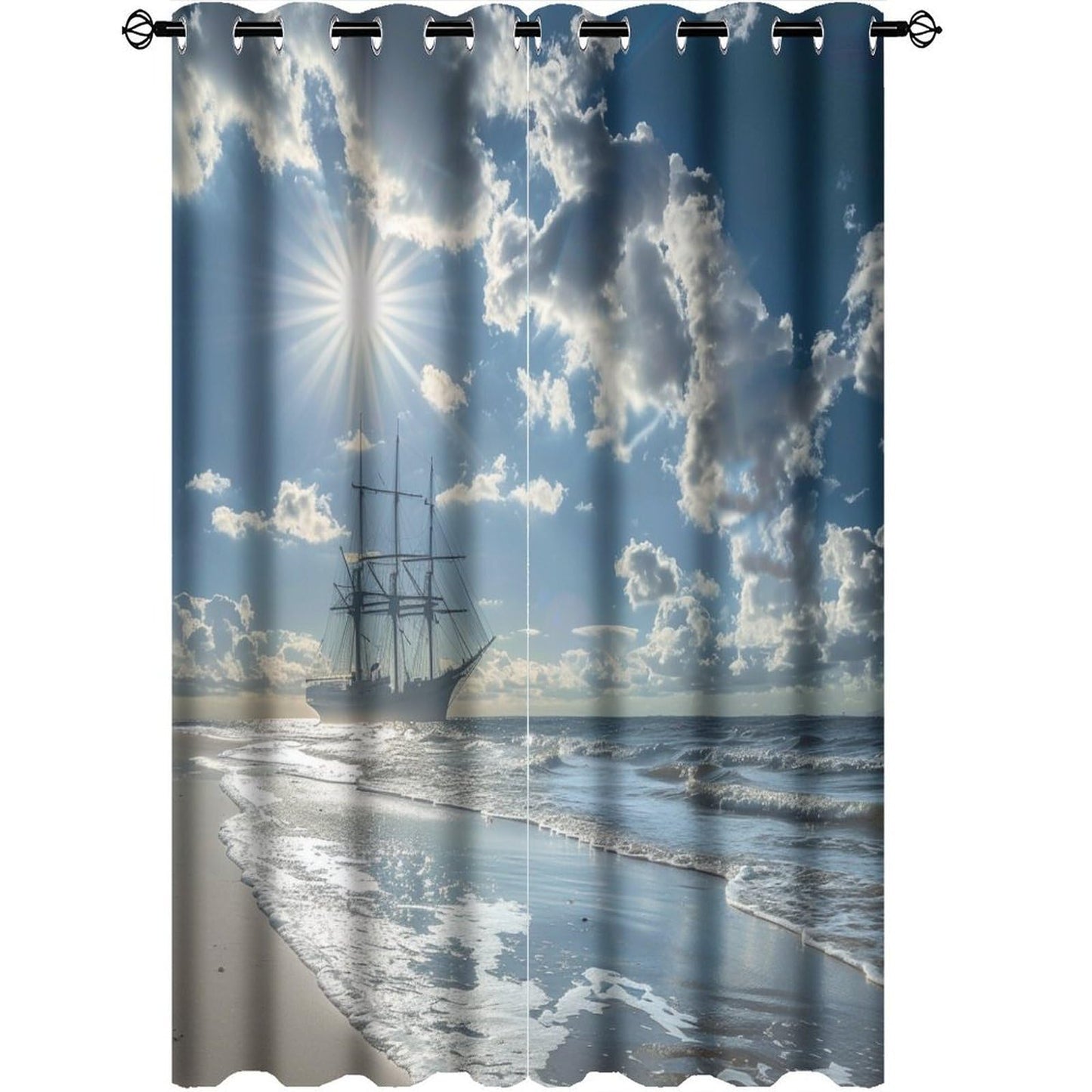 TOWINSFB Classic Ocean Sailboat Blackout Curtains for Bedroom/Living Room, Nature Sky Cloud Beach Grommet Curtains Thermal Insulated Window Drapes, 2 Panels, Each 21W x 63L