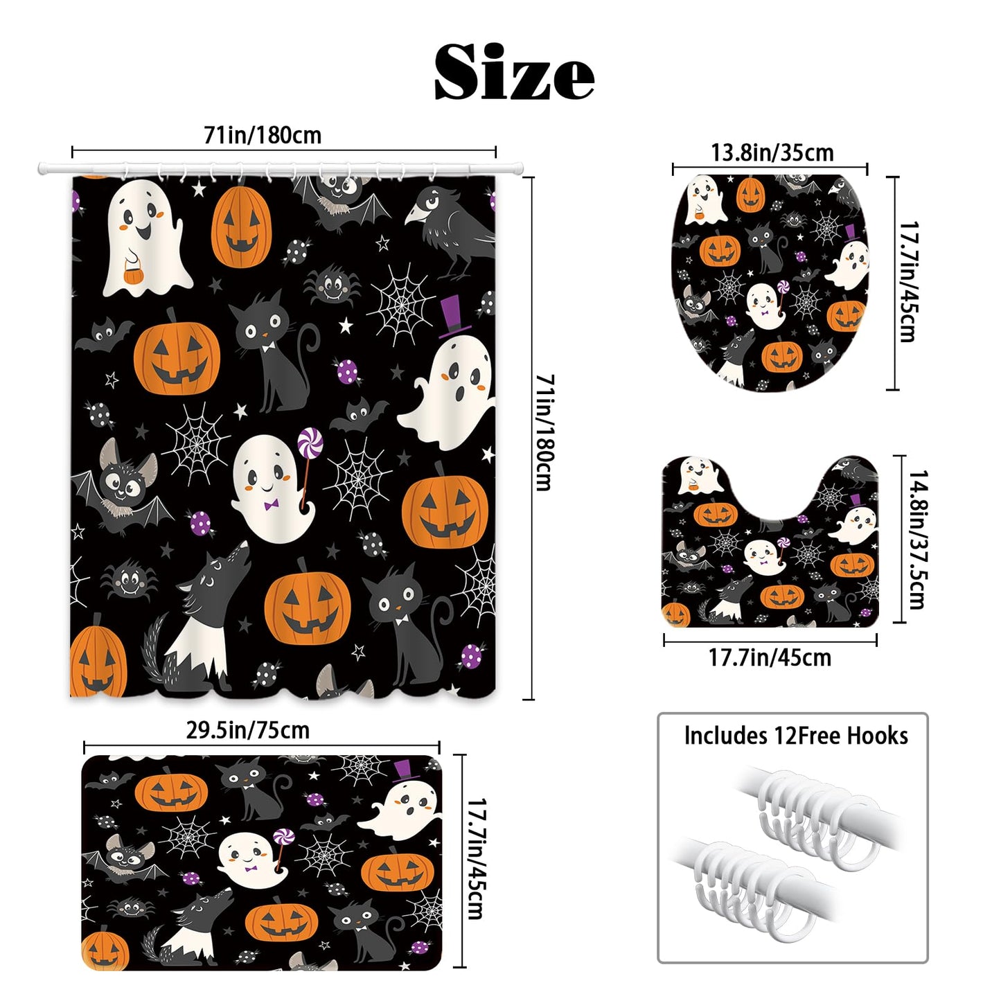 MEHOFOND 4pcs Halloween Boo Shower Curtain Set,Halloween Spooky Shower Curtain Sets,All Hallows' Eve Skull Bat Spider Bathroom Decor for Kids with Non-Slip Rugs Toilet Lid Cover and Bath Mat 72x72 in