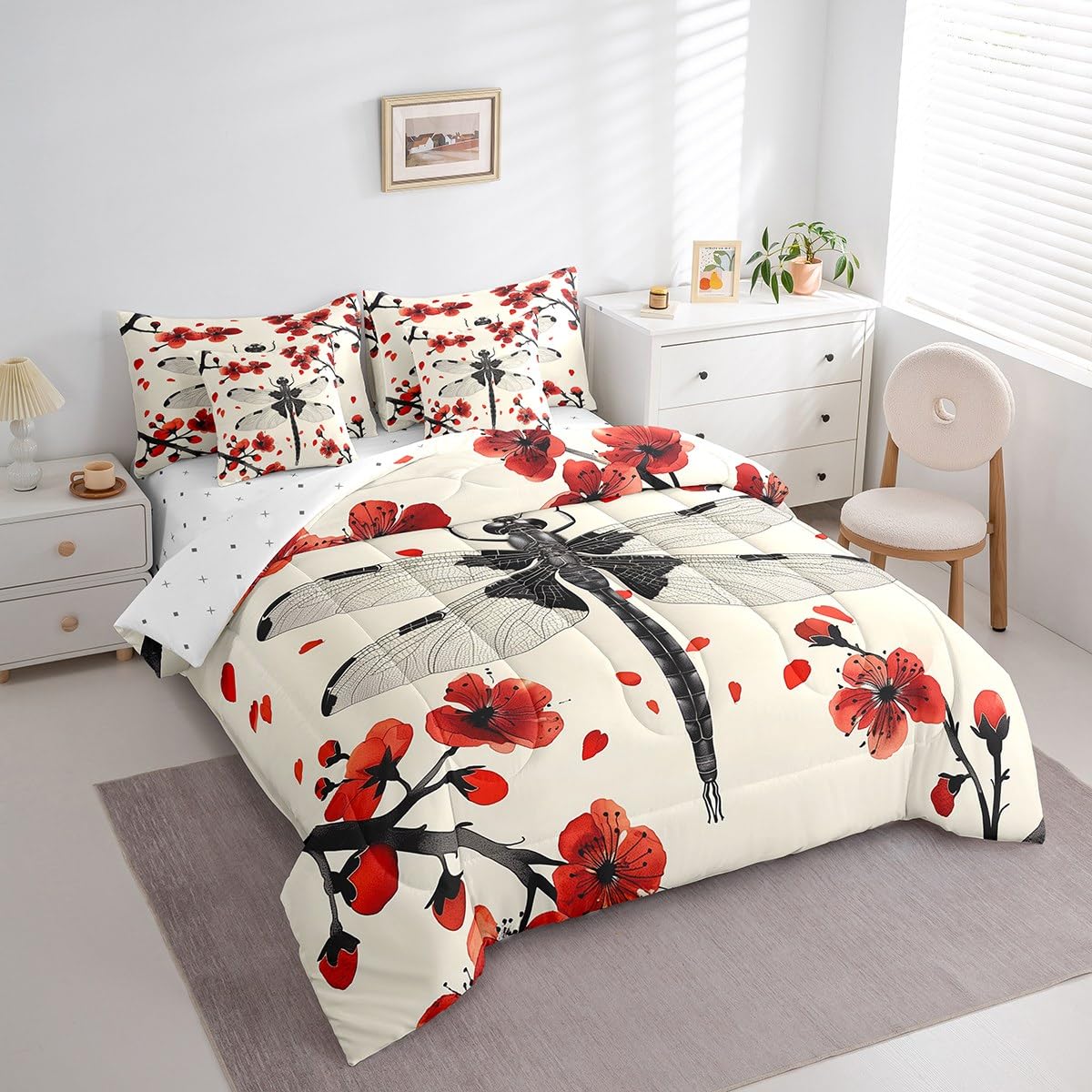 Erosebridal Japanese Cherry Blossom Comforter Set Queen,Red Black Dragonfly Bedding Set 7Pcs for Kids Teens Adults,Watercolor Red Floral Bed in a Bag