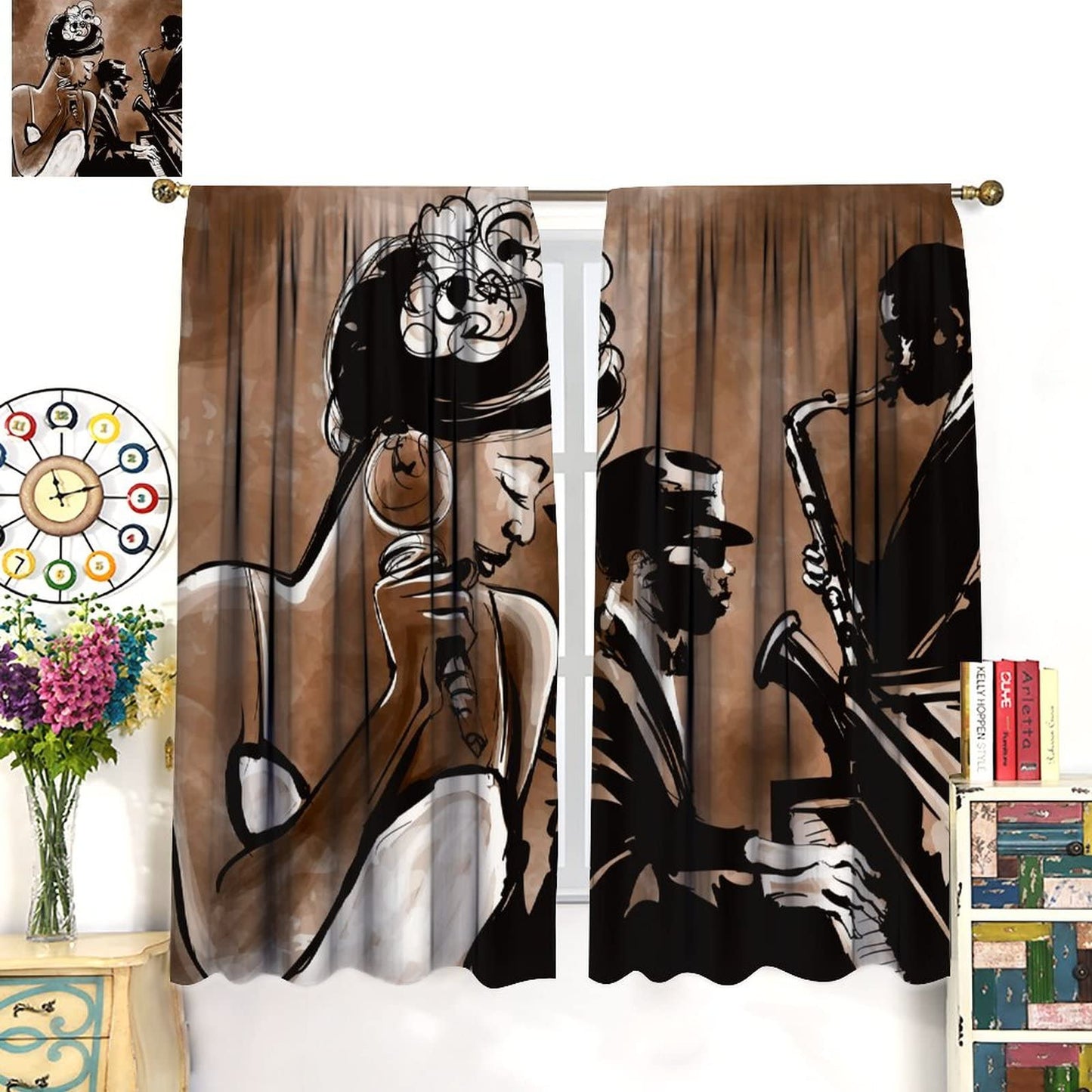 Vintage Art African American Curtains, Mid Century Jazz Band Black Woman Singer Performer Pastel, Thermal Insulation Blackout Window Treatments Rod Pocket for Living Room Bedroom Bathroom 42x45in