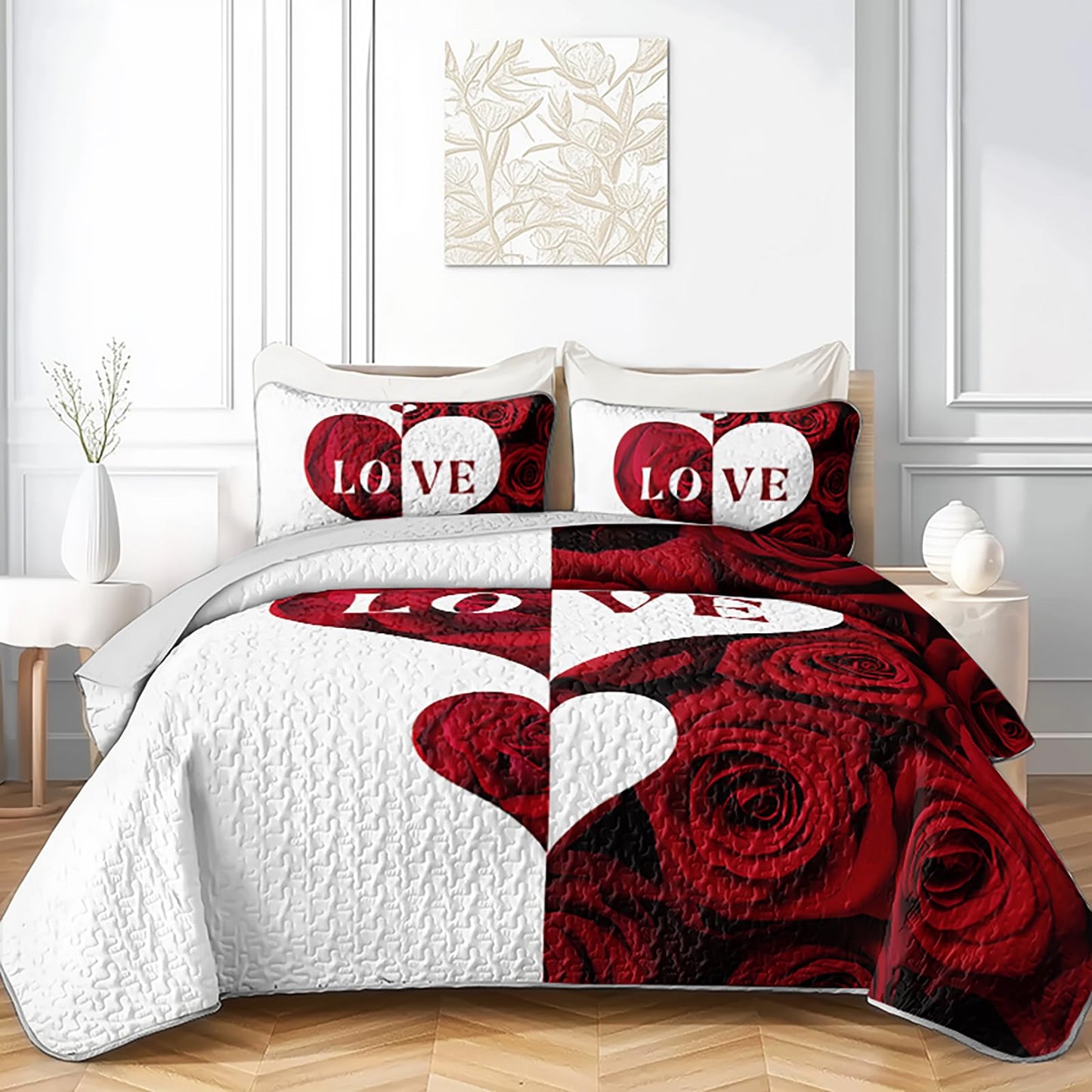 AILONEN Red Rose Bedding Quilt Set King Size - Red & White Flower Bedspread Coverlet Soft Lightweight - 3 Pieces Romantic Hearts Lover Quilt & 2 Pillowcases