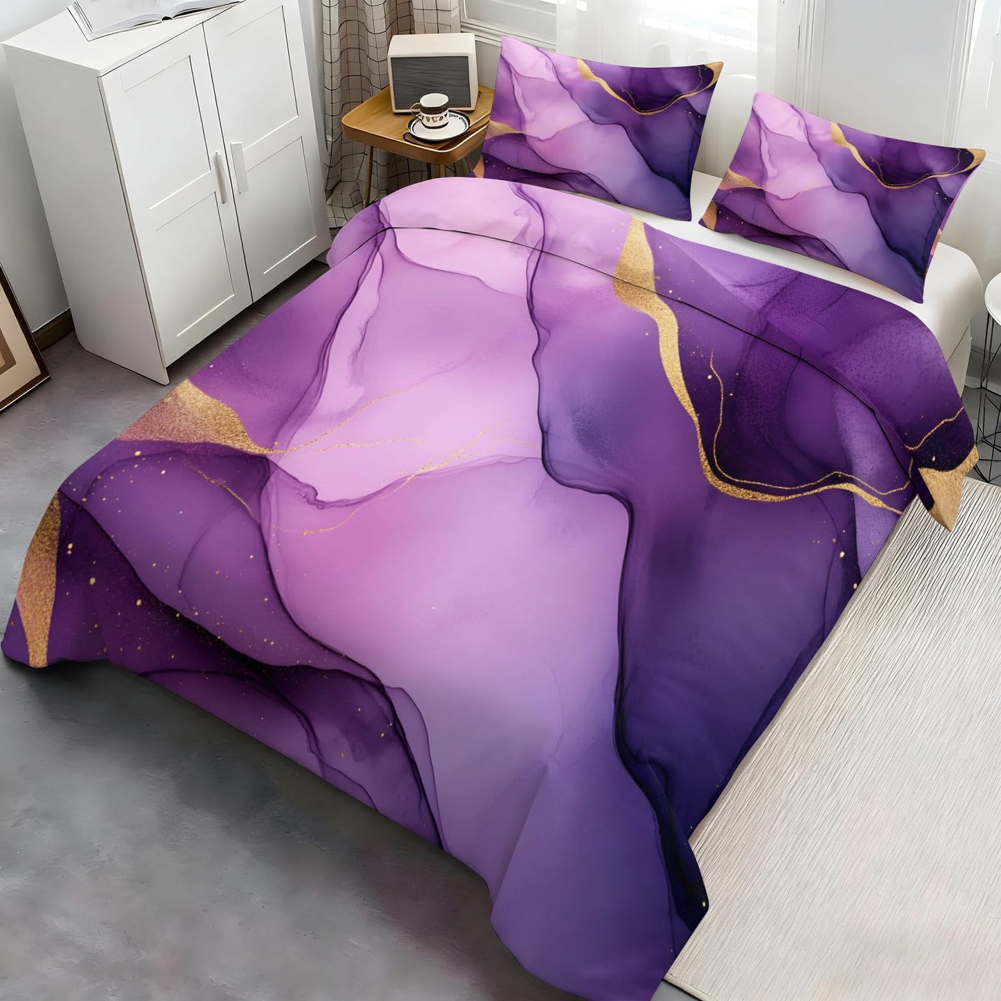 GKPLY Marble Bedding Sets - Alcohol Ink Pattern Duvet Cover Queen - Luxury Abstract Gold Comforter Cover with 2 Pillowcases & Zipper - 3 Pieces Purple Pink Bedding
