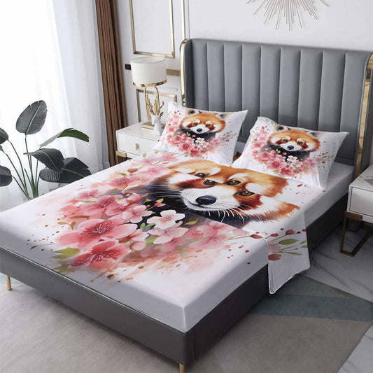 MPNVYU Red Panda Sheets Queen Sheet Set, Floral Bed Sheets, Cute Animal Bedding Bedroom Decor, Soft Microfiber Deep Pocket Fitted Sheet & Flat Sheet & 2 Pillowcases