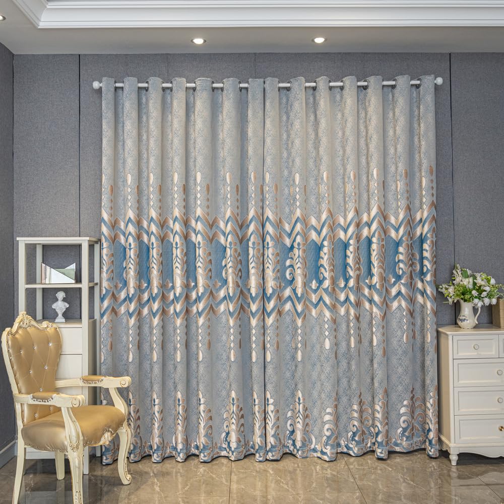 Amidoudou 1 Pair European Semi-Sheer Curtains for Living Room Bedroom Embroidered Hollow Luxury Curtains (Blue,52x90 Inch)