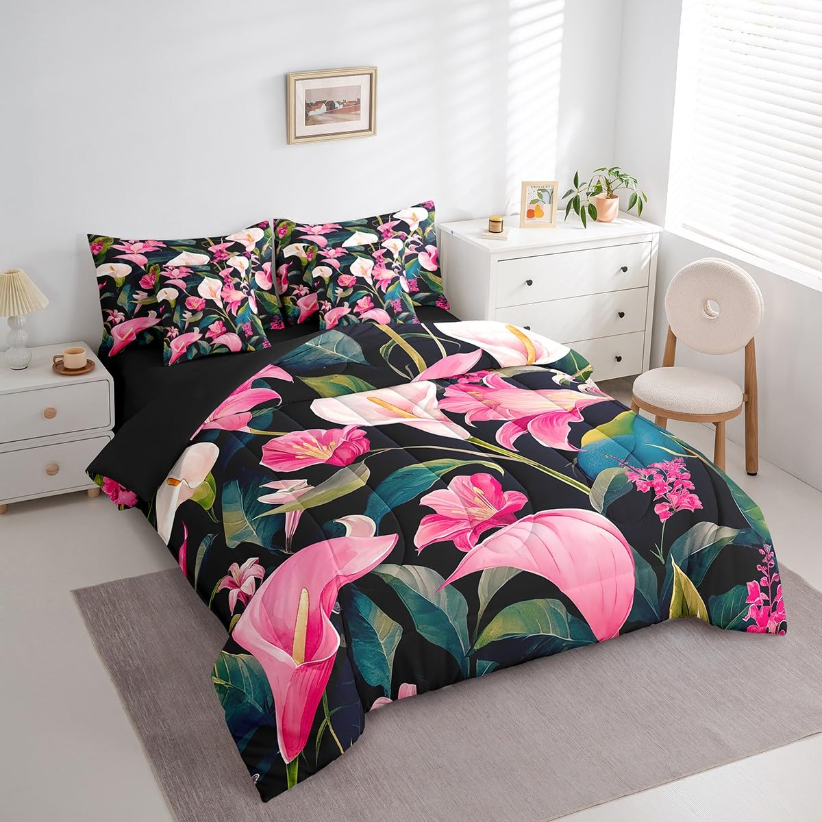 Feelyou Flower Comforter Set King Size 7 Pieces Palm Leaf Bedding Set for All Season Floral Blossom Tropical Botanical Nature Theme Bed in a Bag with Comforter, Sheets, Pillowcases & Cushion Cover