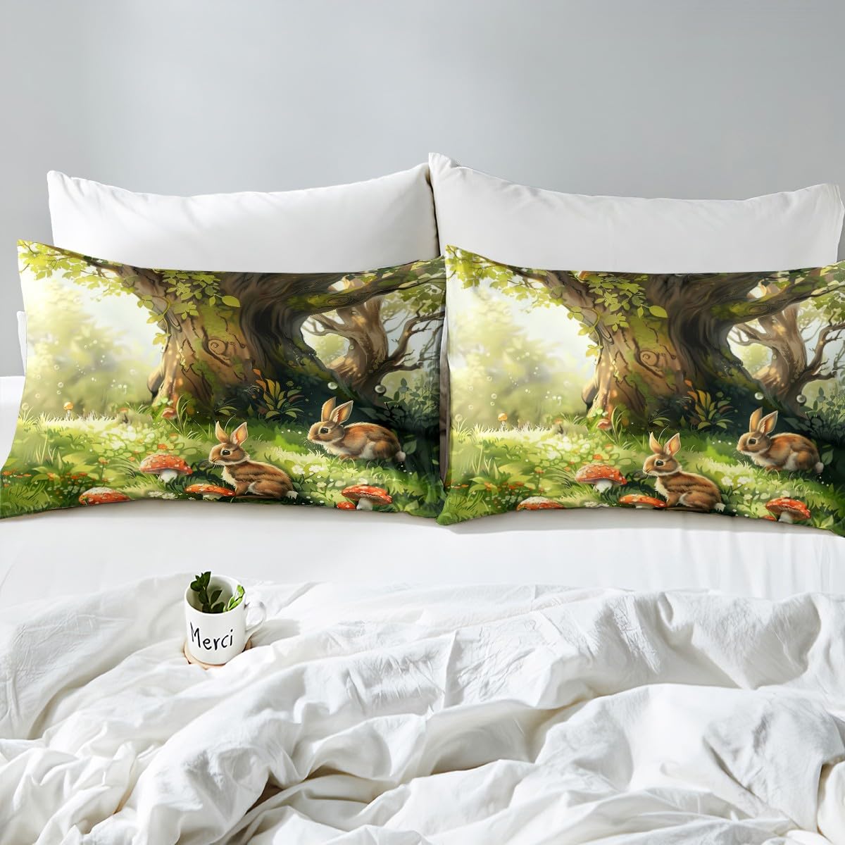 Castle Fairy Rabbit Bed Sheets Full Size,Red Mushroom Fitted Sheet for Kids Girls Boys Teens Room Decor,Wild Animals Plants Bedding Sets 4Pcs,Cartoon Nature Garden Top Flat Sheet,2 Pillowcases