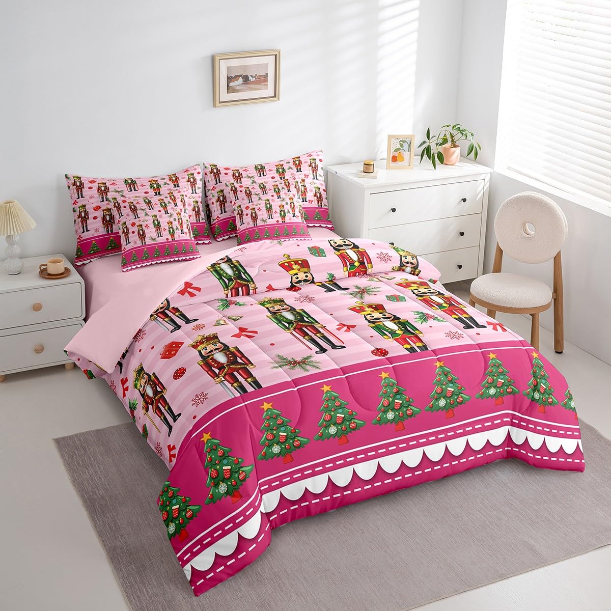 Erosebridal 7 Piece Christmas Nutcracker Kids Comforter Set King Bed in a Bag,Pink Christmas Bedding Set,Christmas Trees Bowknot Decor Sheets,Princess Magical Snowflake Duvet Insert Xmas Ornaments