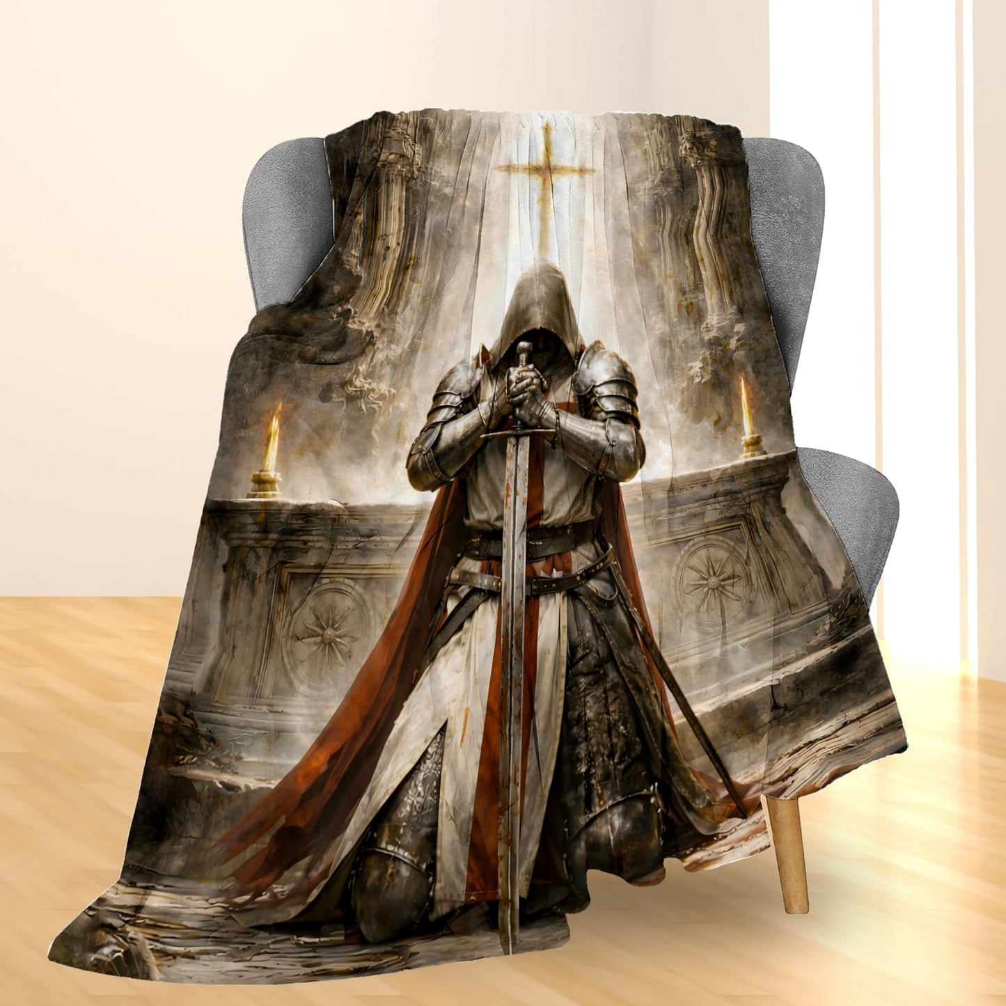 Ti Caldi Medieval Knight Cross Blanket Gifts, Crusader Knight with Sword Flannel Throw Blanket for Couch, Bed, Travel & Decor, Cozy Lightweight Warm Blankets for Adults Women Men Teens 60×50 in