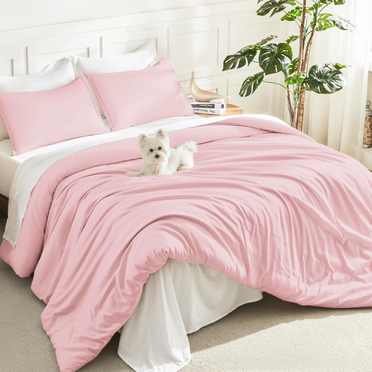 Litanika Pink Comforter Set King Size, 3 Pieces Aesthetic Soft Solid Bedding Comforter Set, All Season Bed Set (104x90In Comforter & 2 Pillowcases)