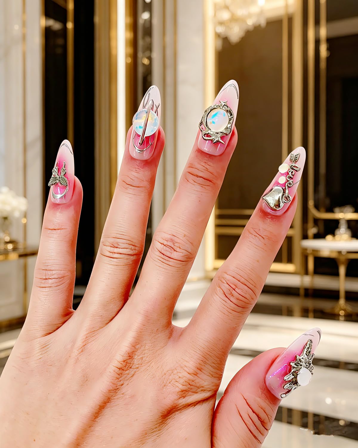 CAMILCY Press on Nails Handmade Nails Luxury Reusable Fake Nails long Almond Armor Gradient Pink Diamonds Hand Painted Salon Loveful Design Acrylic GelUV Finished For Women 3D Nails 10PCS (A044, M)