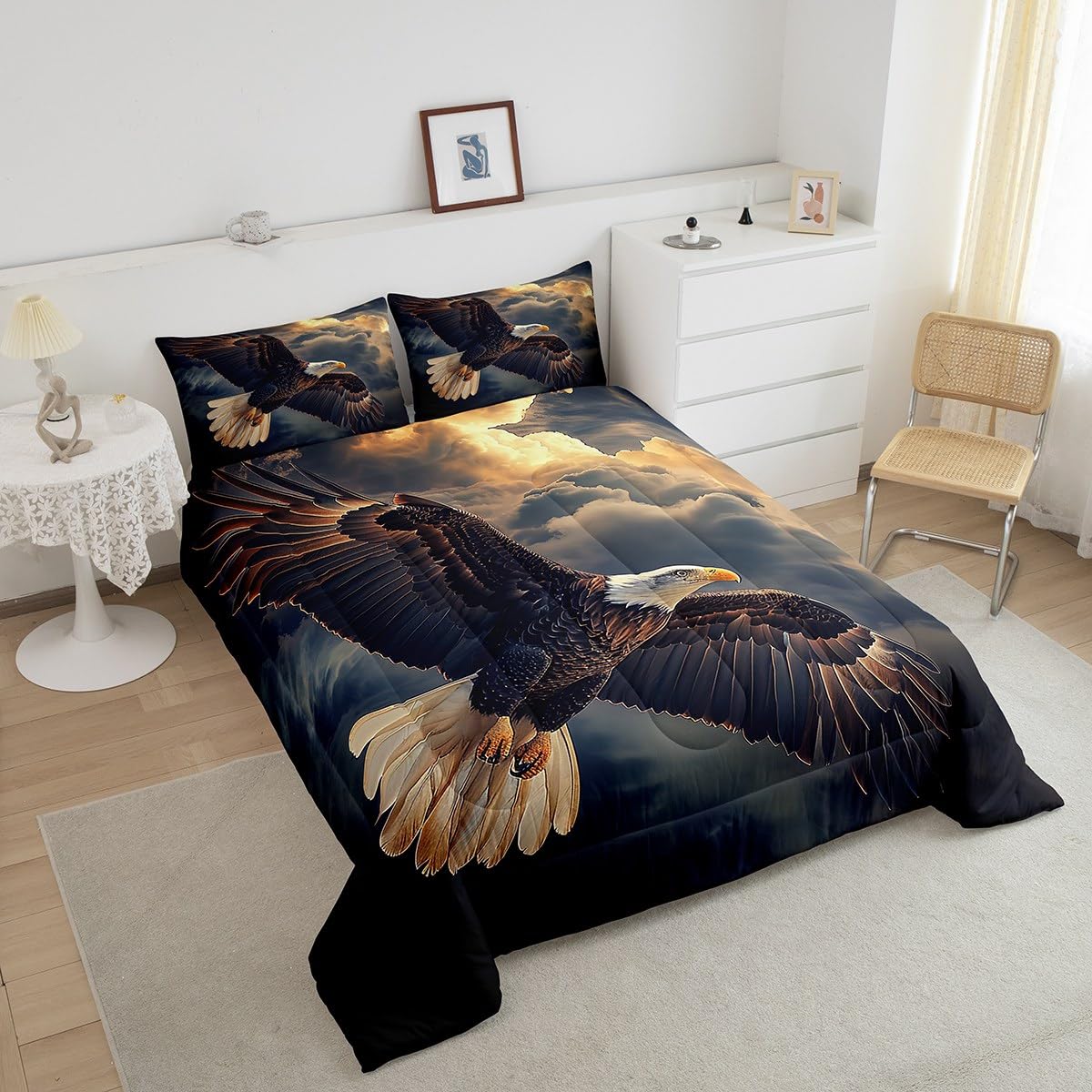 Manfei Flying Eagle Bed Comforter Set Queen Size,Wild Nature Animal Super Soft Microfiber Bedding Set for Girls Boys,Nature Clouds Sky Sunshine Print Decorative Quilter Set