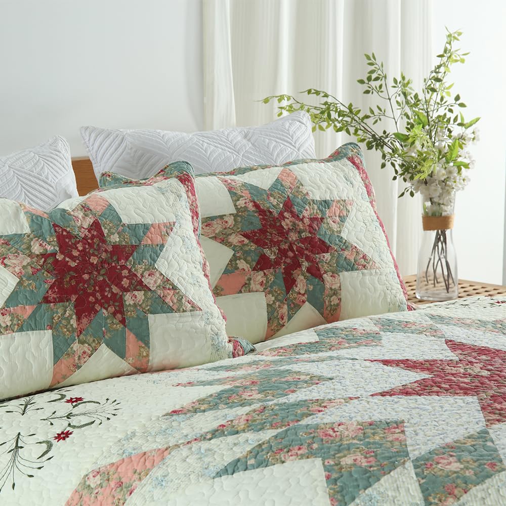 camandy Cotton Bedspread Quilt Bedding Sets, 3 Pieces Reversible Coverlets Comforters Star with Red Floral Real Patchwork Bedspread,Queen Size