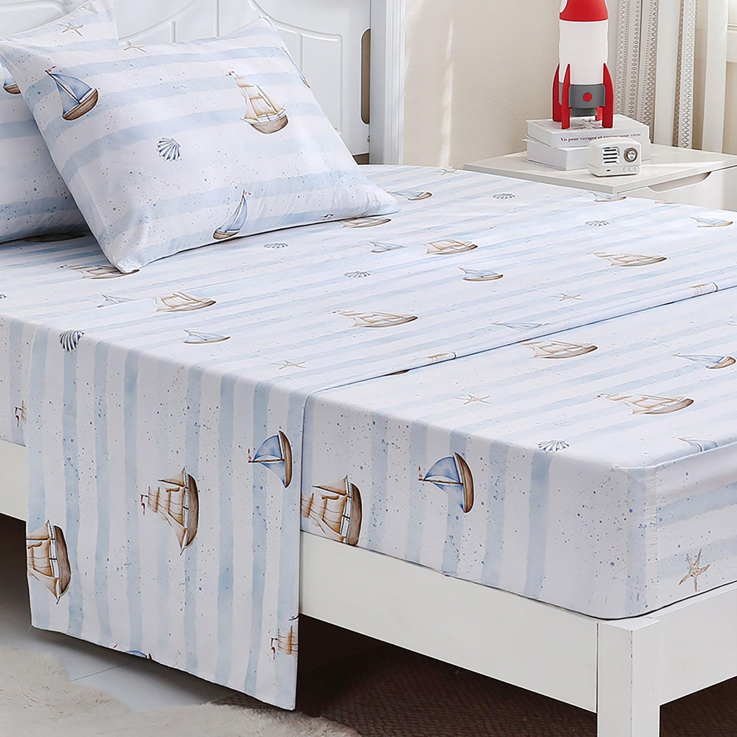 Nautical Boat Printed Twin Sheet Set for Boys,3 Pieces Sailboat Bed Sheet with Pillowcase 15-Inch Deep Pocket Fitted Sheet,Soft Microfiber Shell Starfish Bedding Set for Kids Toddlers Decor Bedroom