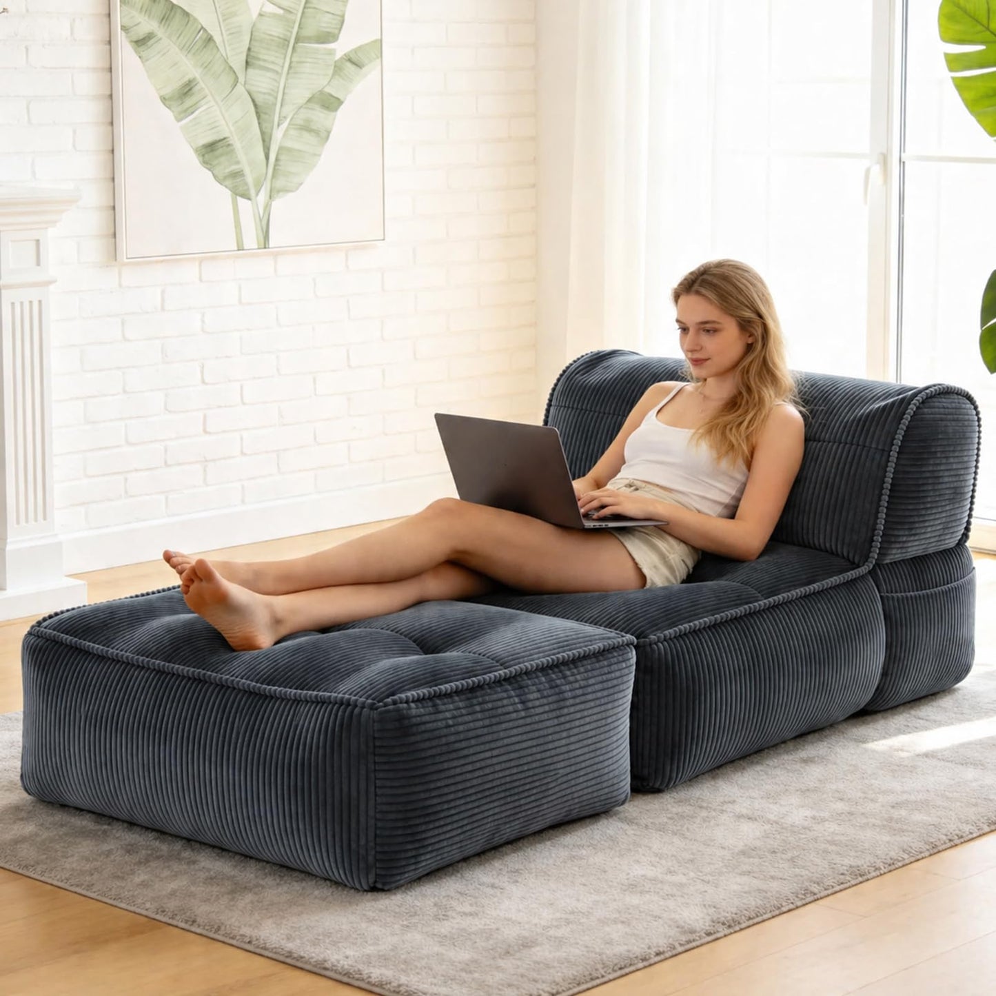 laapee Large Bean Bag Lounger Chair, Oversized Comfy Boneless Couch with High-Density Sponge, Foldable Floor Sofa for Adults, Living Room Bedroom Indoor,Gray