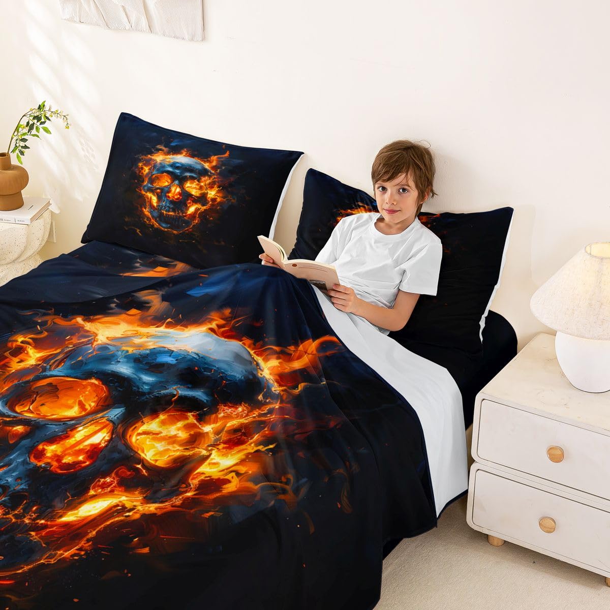 Feelyou Sugar Skull Bed Sheets Set Full Size Halloween Themed Deep Pocket Fitted Sheet Flame Bedding Sets Goth Soft Bed Set 4Pcs with 2 Pillow Cases Cemetery