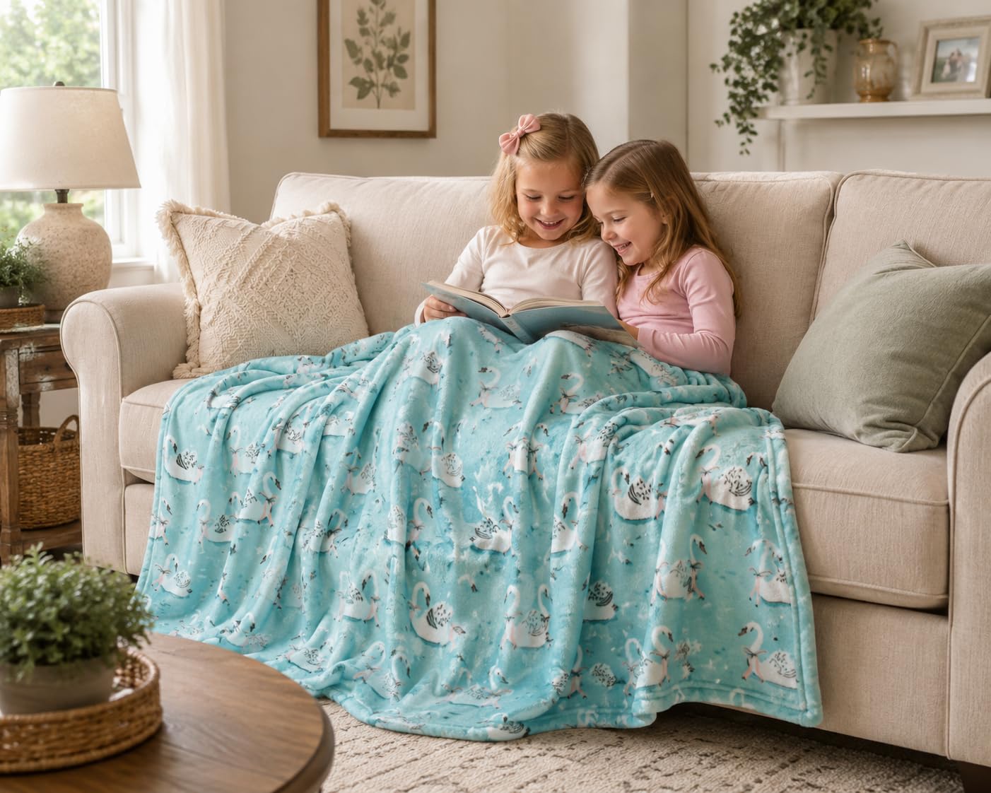 Serafina Home Fleece Throw Blanket: Soft Cozy Velvet Swans on a Lake Design, for Couch Bed and Home Decor, 50x60