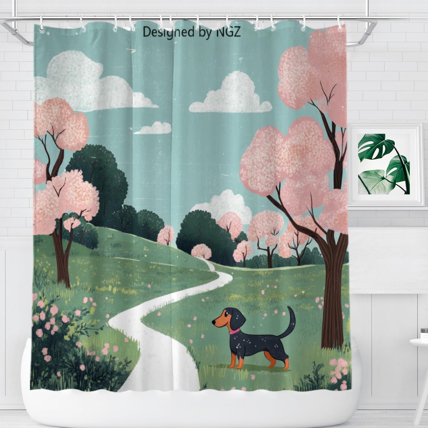NGZ Spring Dachshund Shower Curatin Floral, 72 x 72 Inches, Spring Floral Shower Curtain Set with 12 Hooks for Bathroom Decor