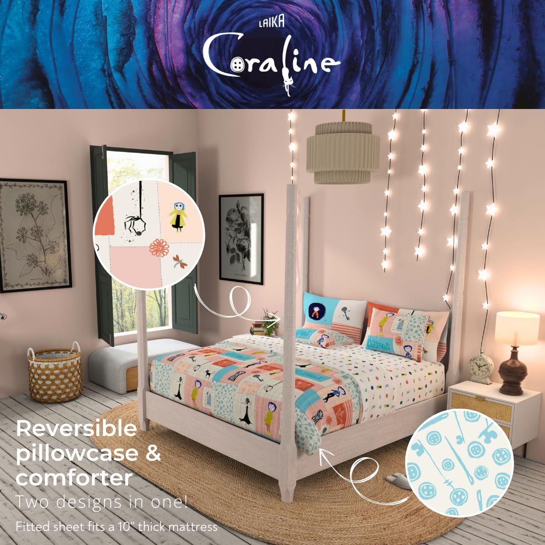 Coraline Kids Bedding Super Soft & Cozy Reversible Microfiber Comforter and Sheet Set with Sham, 7 Piece Full Size, (Officially Licensed Product) By Franco