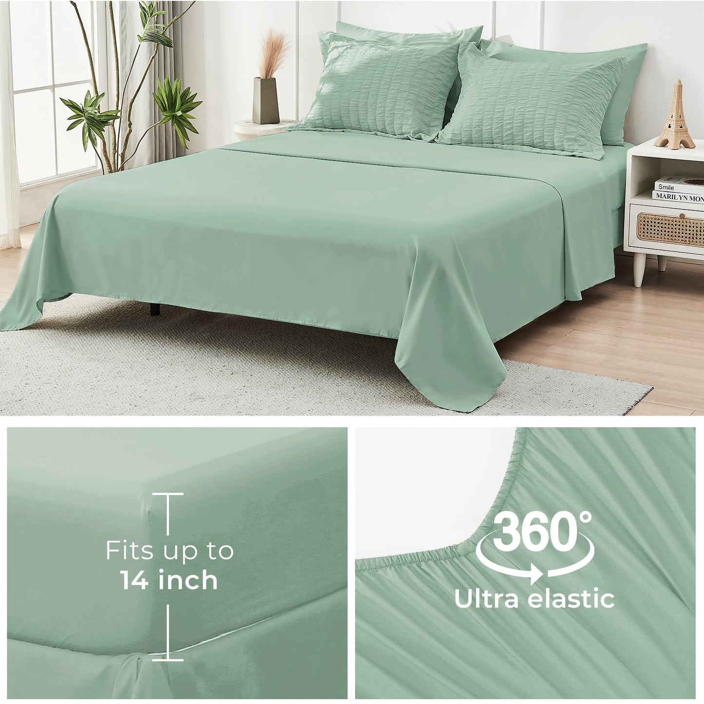 HYMOKEGE Sage Green Oversized Queen Comforter Set Seersucker 7 Pieces, All Season Luxury Bed in a Bag for Bedroom, Bedding Set with Comforter, Sheets, Pillowcases & Shams
