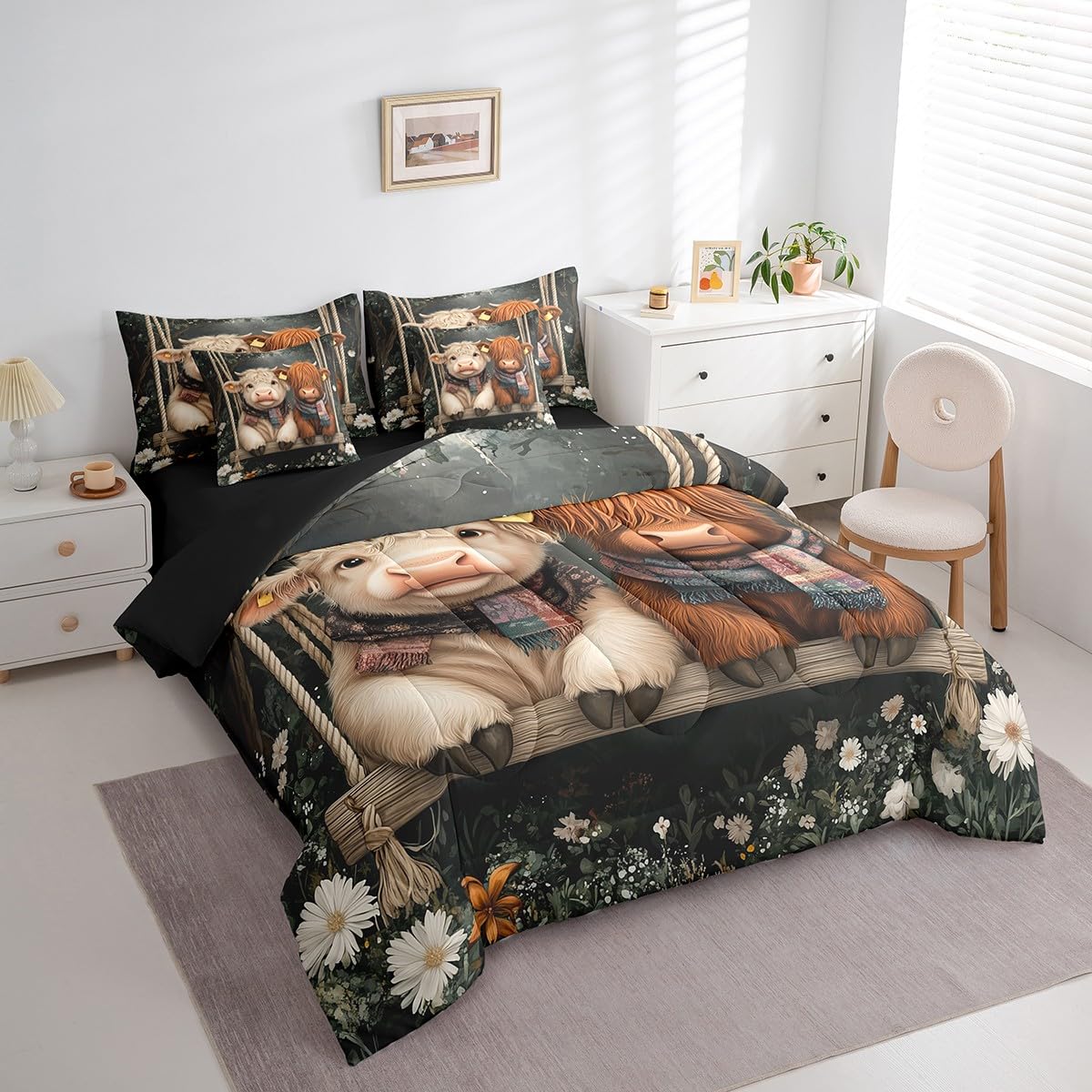 Erosebridal Comforters King Size Set with Sheets for Kids Highland Cow Bedding,7 Pieces Bed in a Bag King Western Cow Bedding Sets with Comforter, Sheets, Pillowcases and Cushion Cases