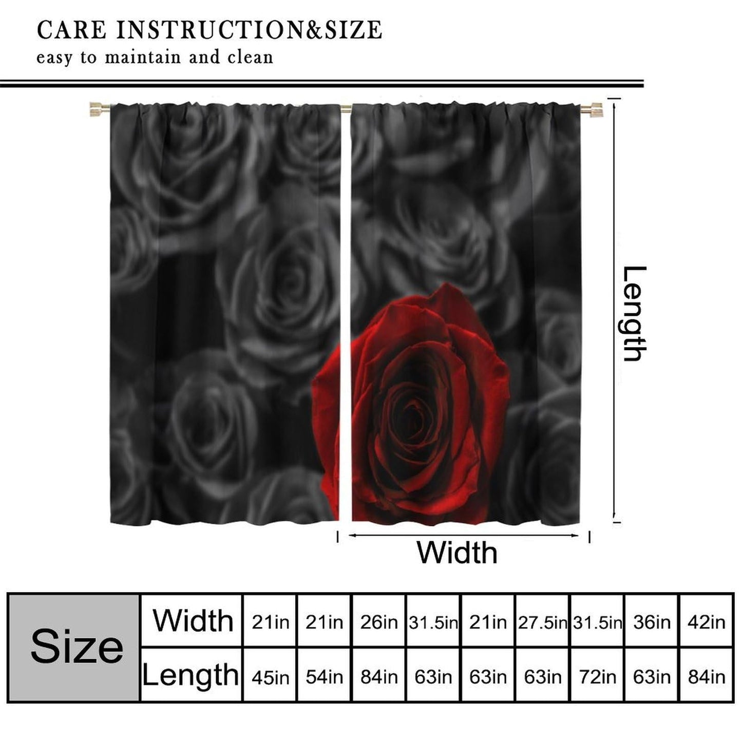 GoDazzling Red Rose Floral Curtains, Vintage Romantic Black Red Roses Flower Print Rod Pocket Window Drapes, for Bedroom Living Room 41" W X 45" L (No Blackout)